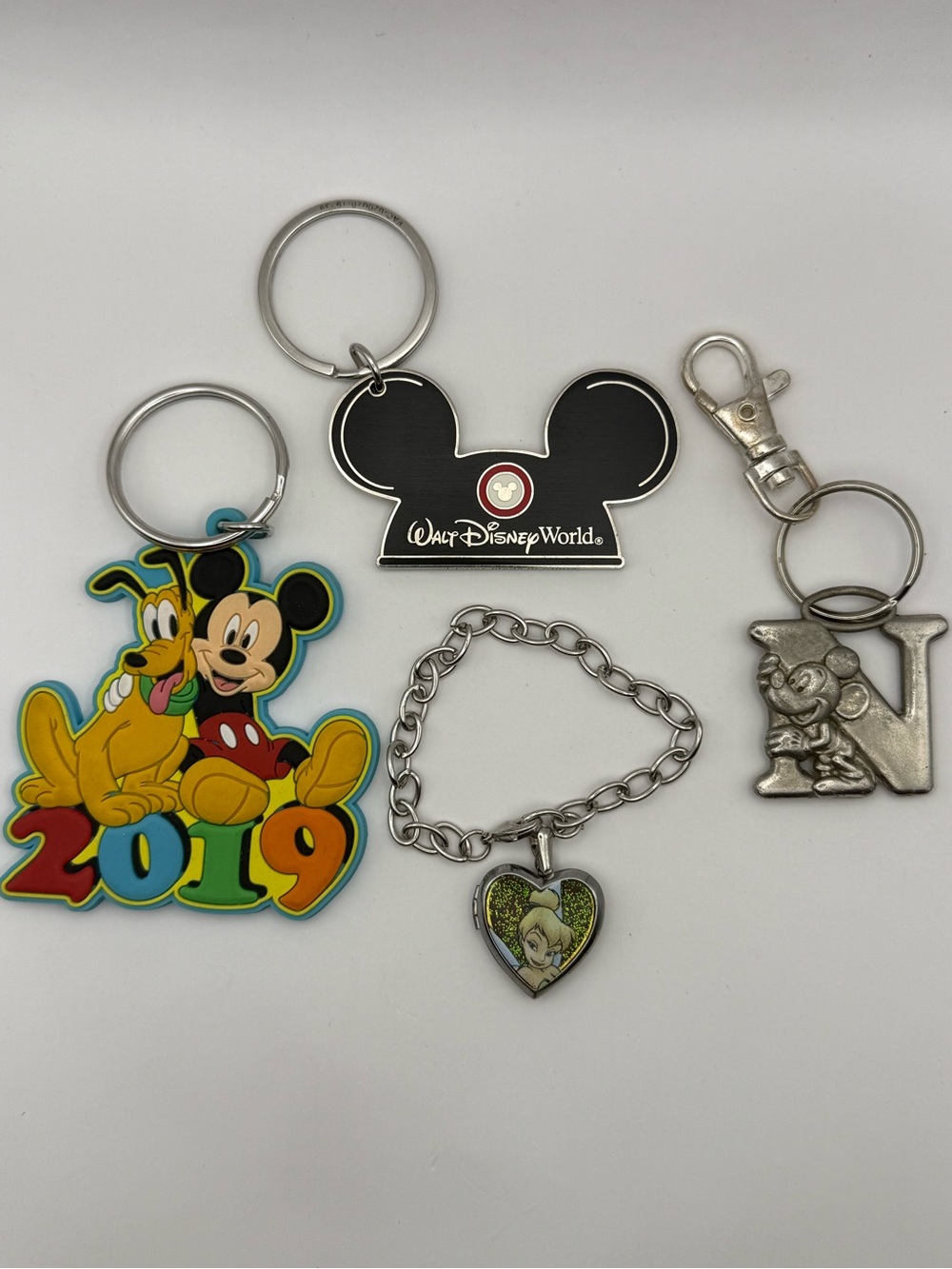 Disney Mickey Pluto 2019 Keychain Bracelet Charm Tinker Bell Locket Lot of (4)